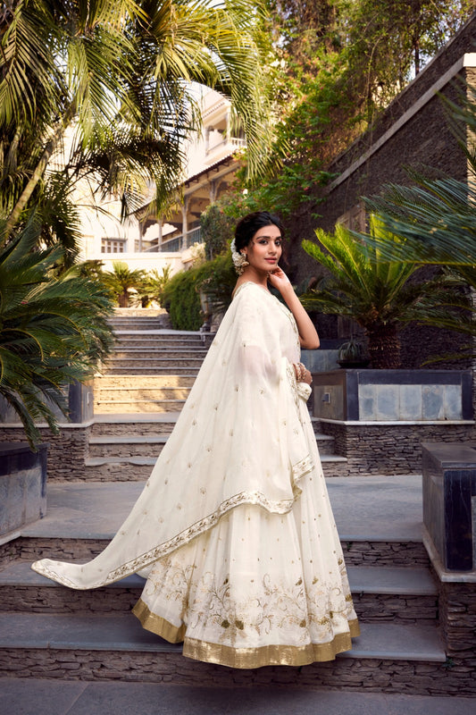 Off White Silver Glossy Sequins Embroidered Lehenga Choli