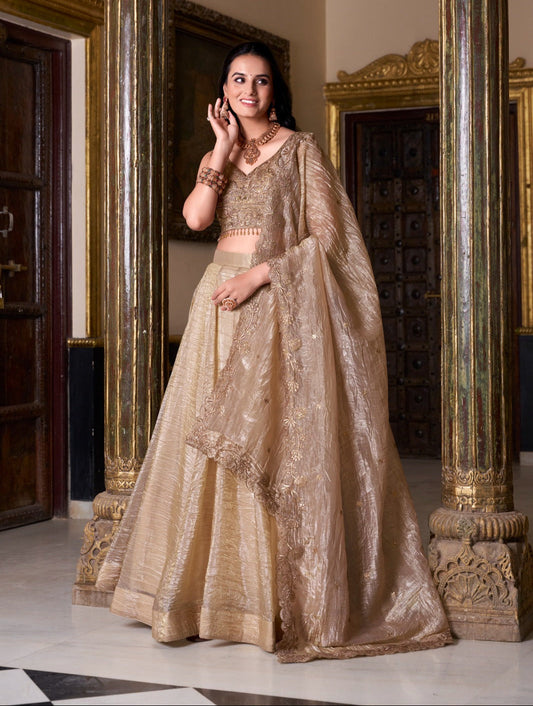 Attractive Chikoo Gold Crush Sequins Thread Worked Lehenga Choli