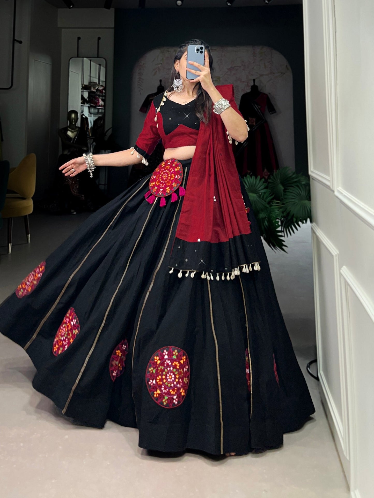 Graceful Black Pure Cotton Gamthi Worked Navratri Lehenga Choli