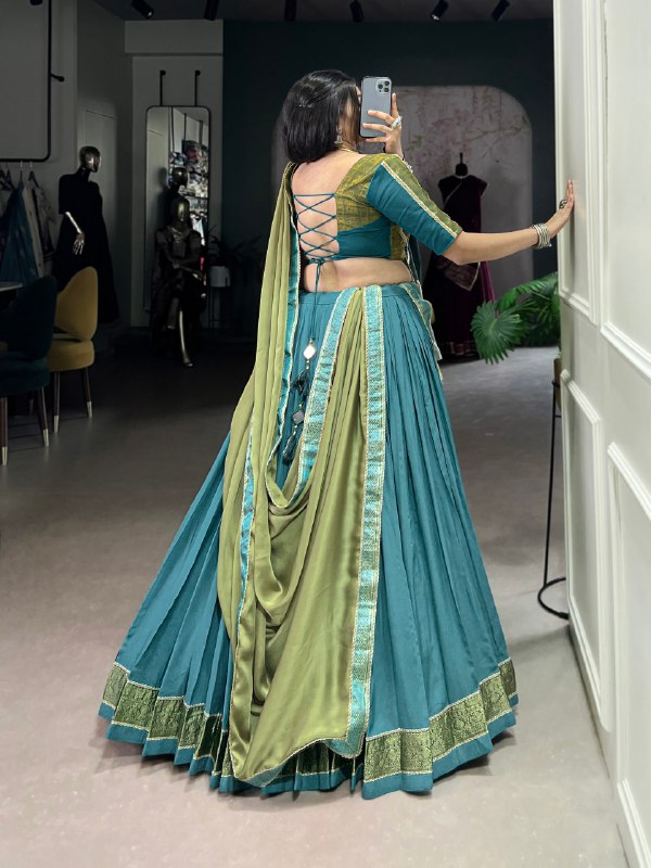 Teal Blue Pure Rayon Zari Weaving Worked Lehenga Choli