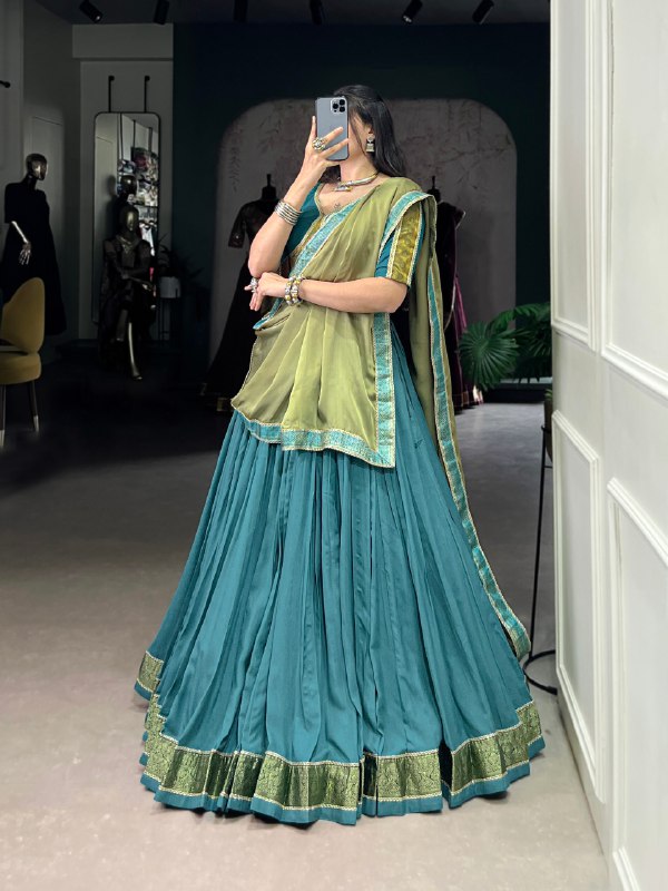 Teal Blue Pure Rayon Zari Weaving Worked Lehenga Choli