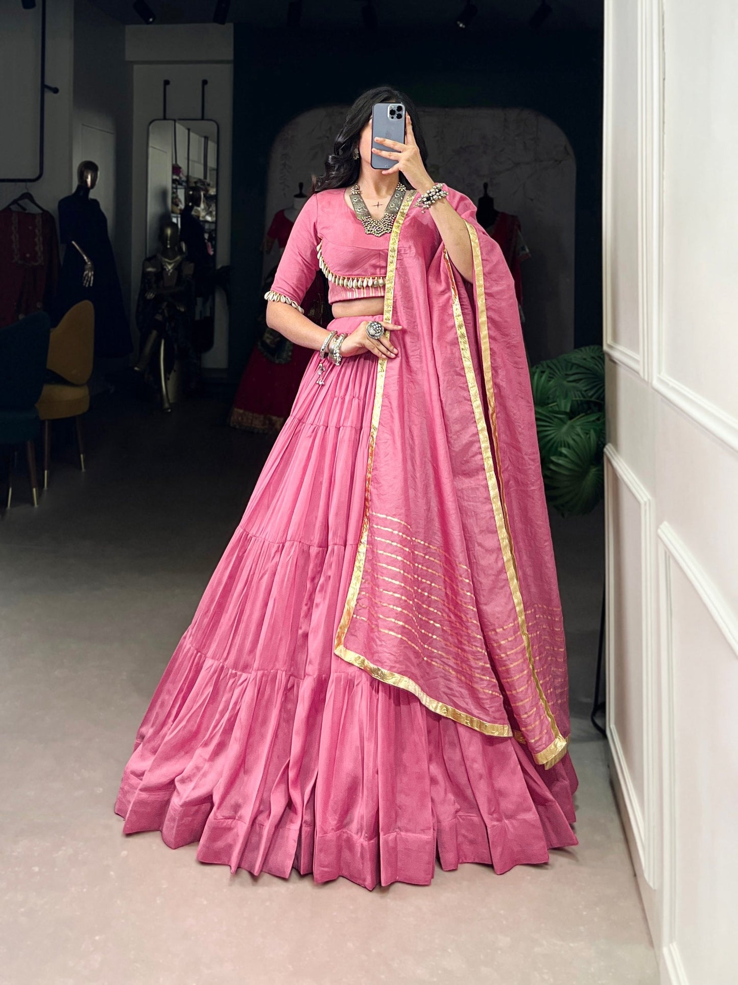 Light Pink Pure Chanderi Navratri Wear Lehenga Choli