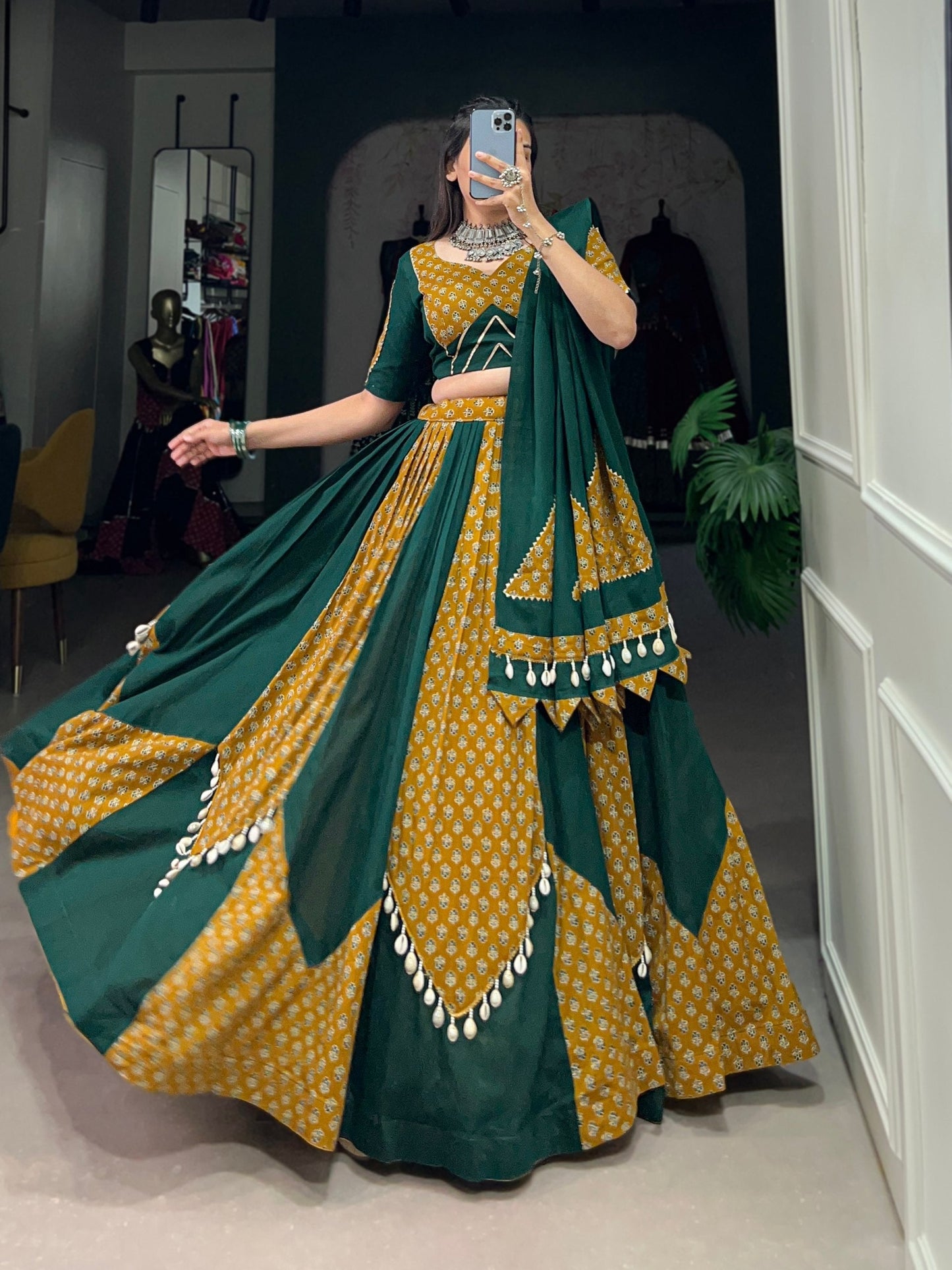 Mustard & Green Pure Cotton Fully Stitched Navratri Lehenga Choli