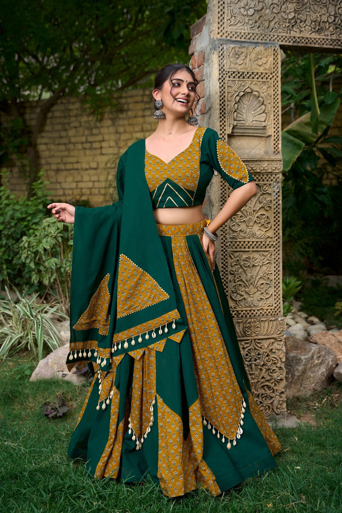 Mustard & Green Pure Cotton Fully Stitched Navratri Lehenga Choli