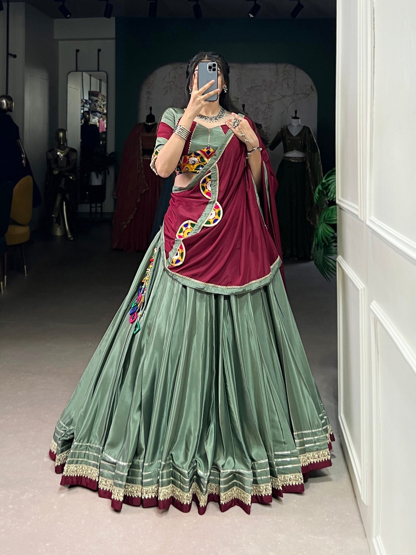 Breathtaking Silk Crepe Sequins Thread Worked Navratri Lehenga Choli