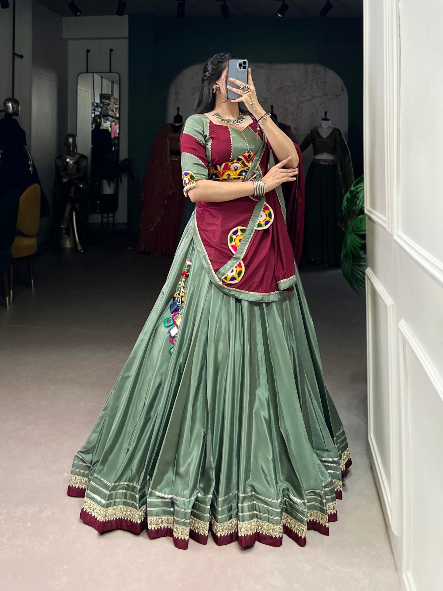 Breathtaking Silk Crepe Sequins Thread Worked Navratri Lehenga Choli