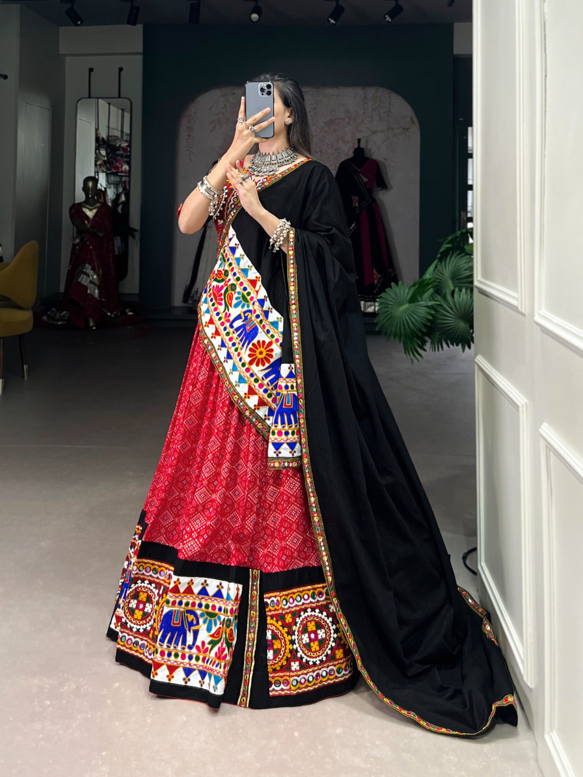 Red Navratri Special Gamthi Mirror Printed Lehenga Choli