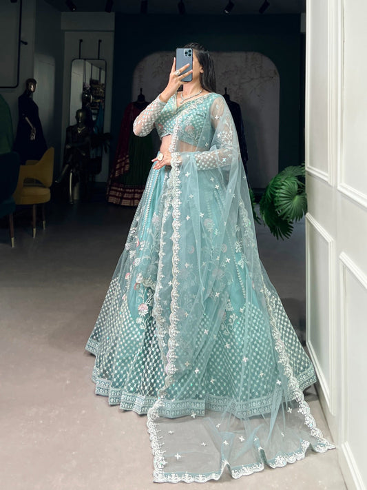 Pastel Blue Net Sequins Thread Worked Lehenga Choli