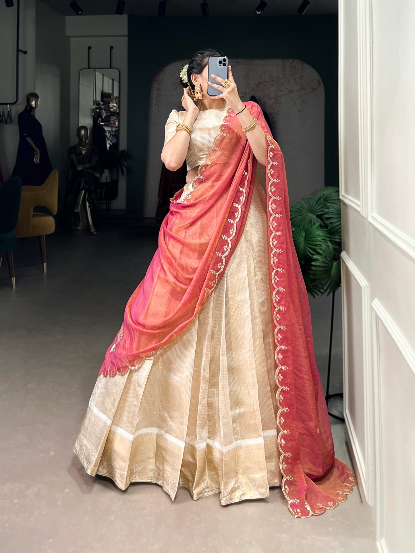 Off White Jacquard Chex Zari Weaving Worked Lehenga Choli