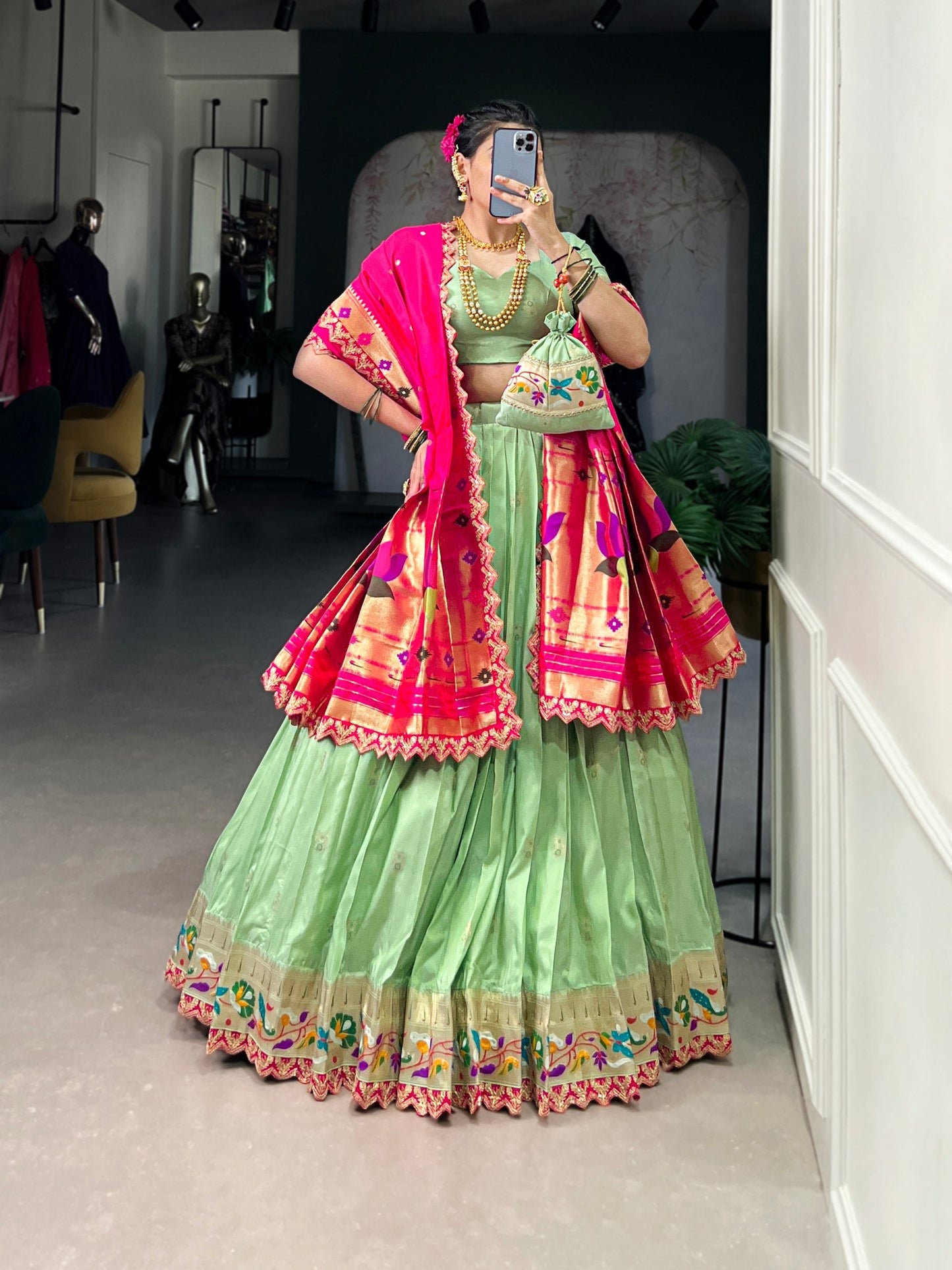 Elegant Paithani Jacquard Silk Zari Weaving Sequins Thread Worked Lehenga Choli