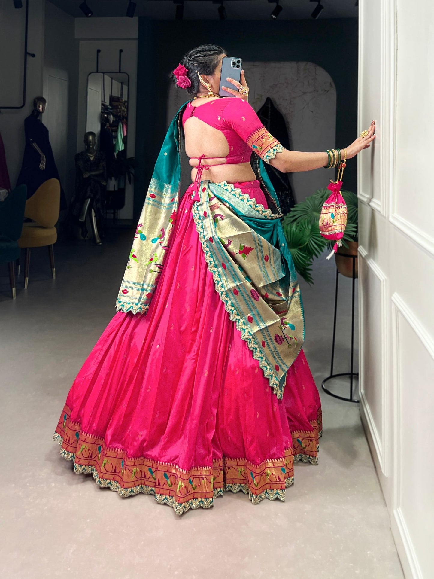 Elegant Paithani Jacquard Silk Zari Weaving Sequins Thread Worked Lehenga Choli