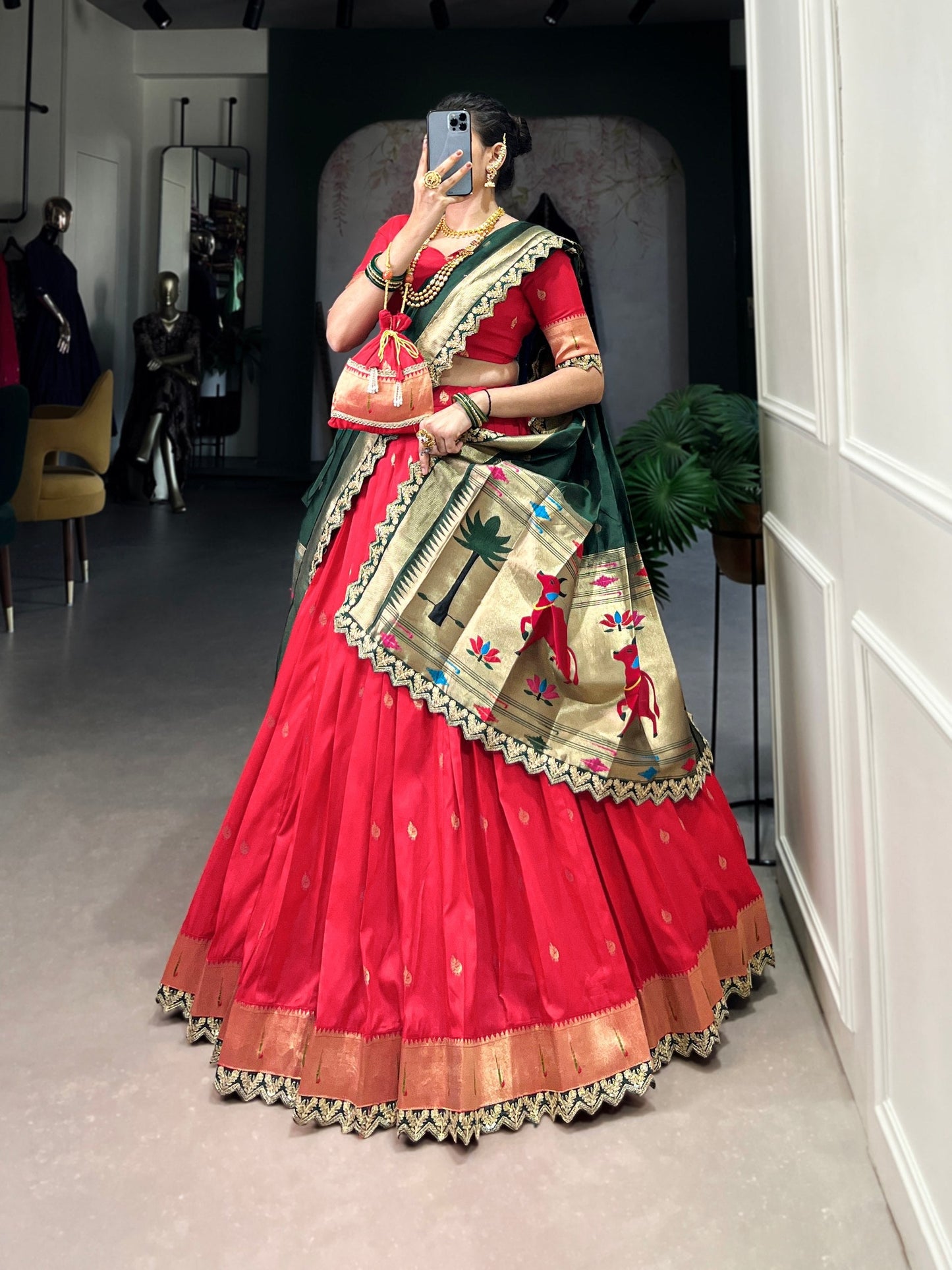 Elegant Paithani Jacquard Silk Zari Weaving Sequins Thread Worked Lehenga Choli