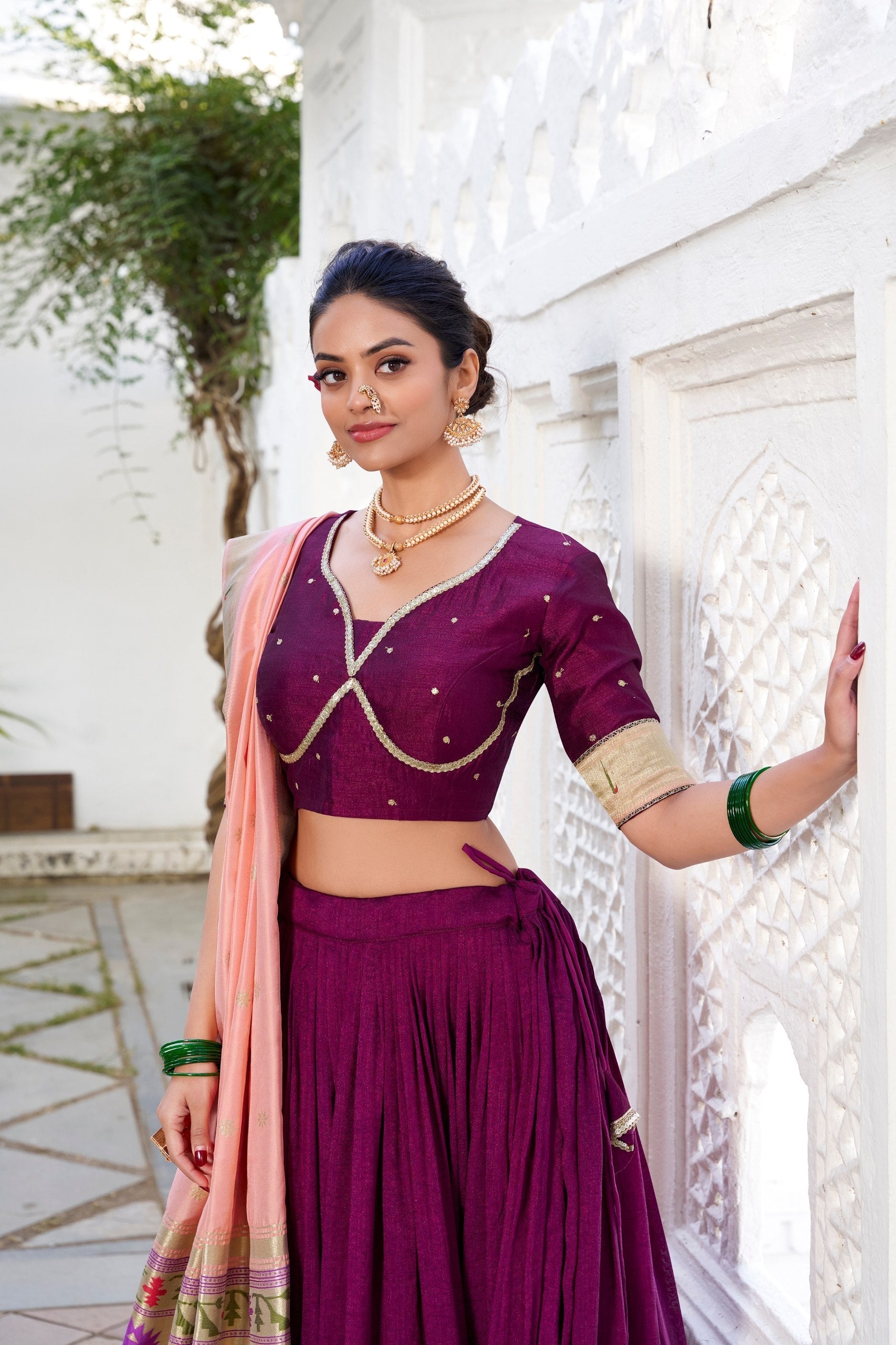 Exquisite Wine Vichitra Silk Paithani Lace Border Worked Lehenga Choli - Ethnicwish