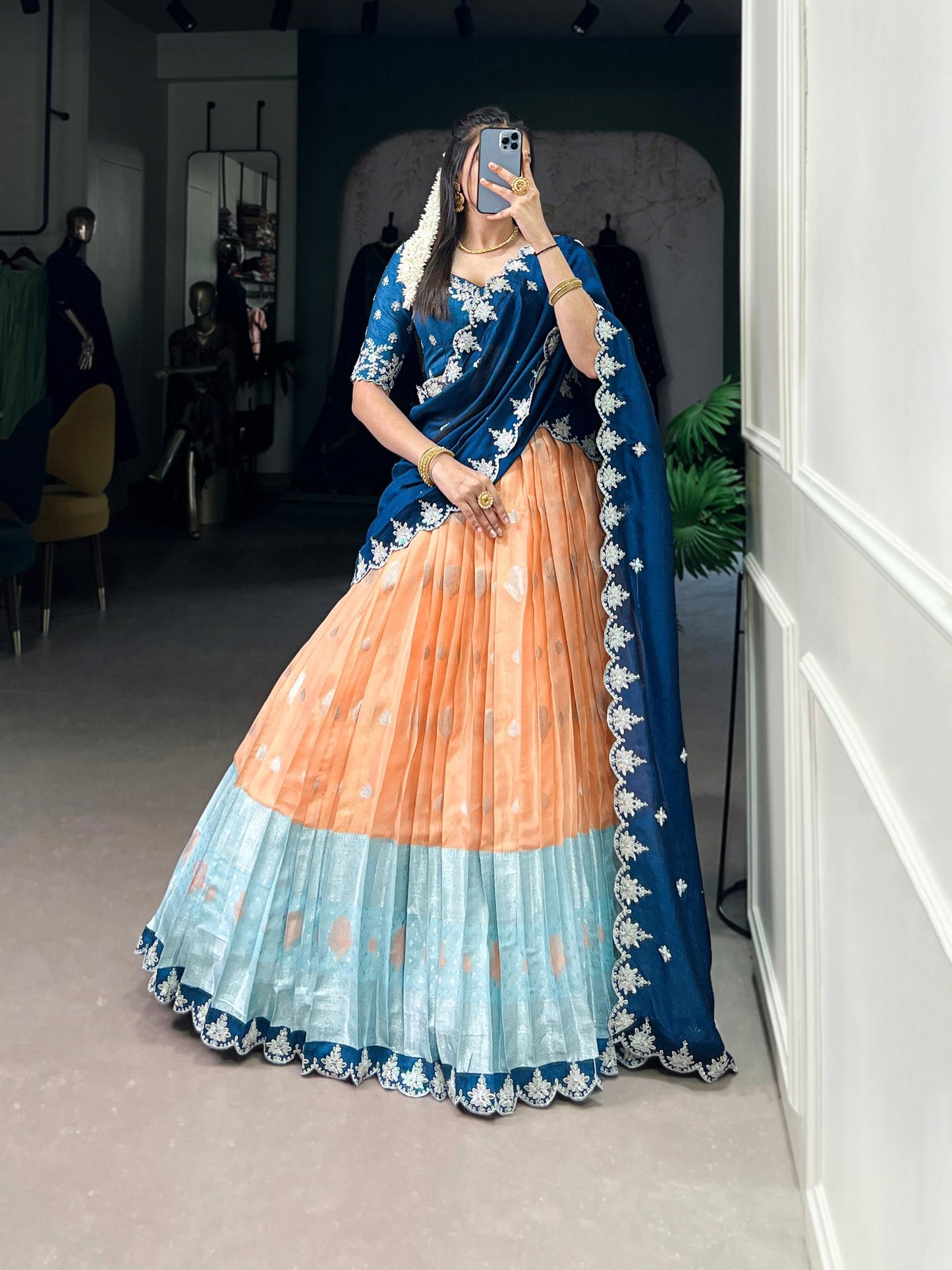 Lovely Zari Cota Weaving Sequins Thread Worked Lehenga Choli
