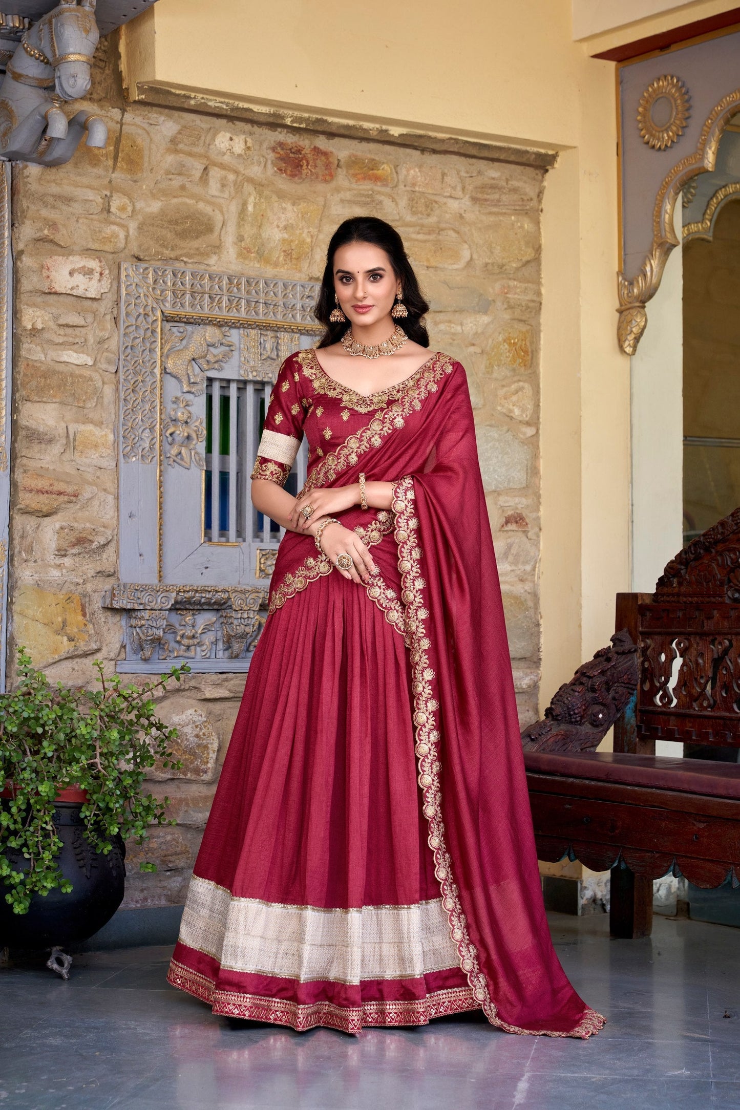 Exquisite Vichitra Silk Zari Weaving Lace Border Worked Lehenga Choli