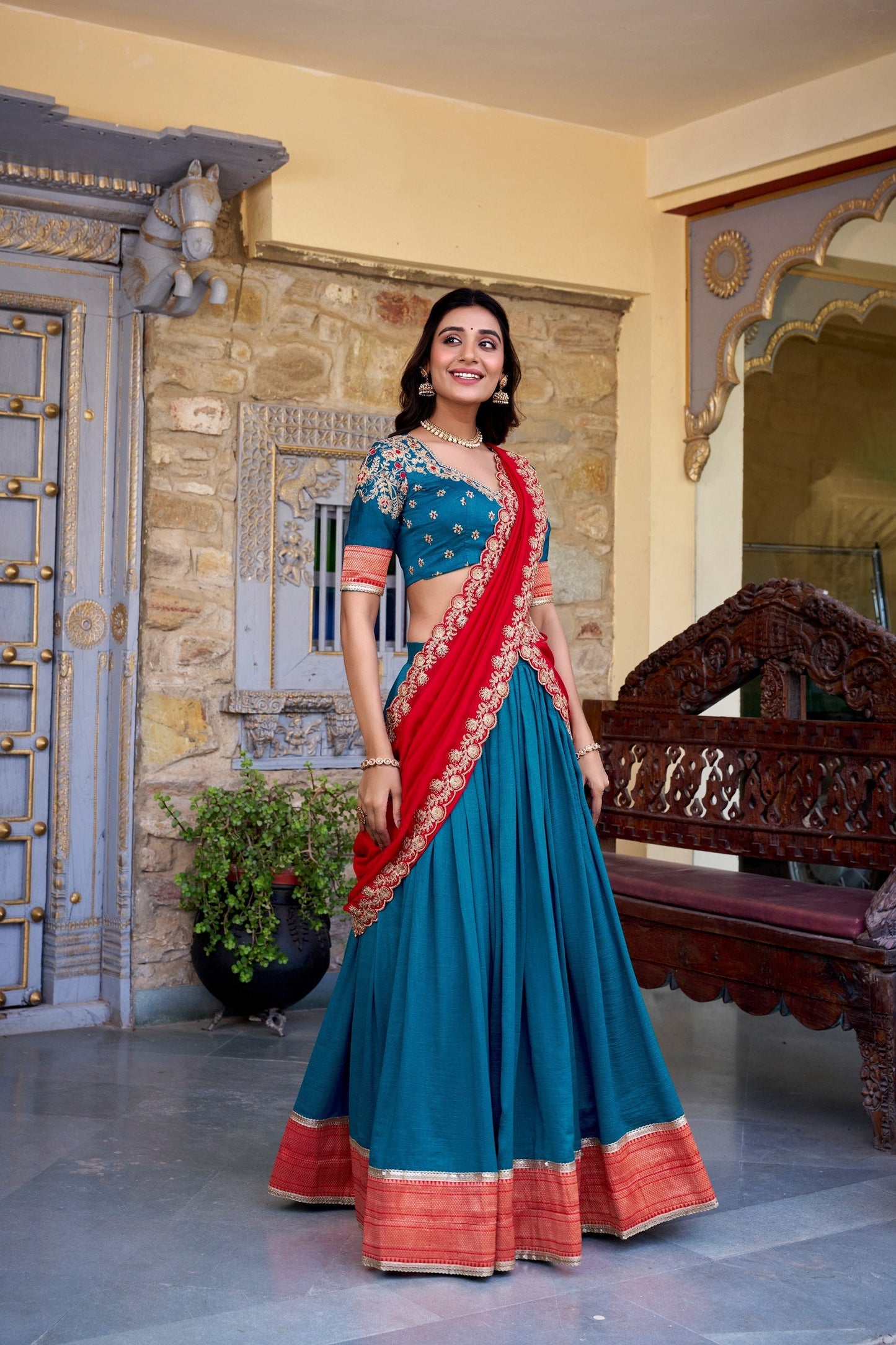 Exquisite Vichitra Silk Zari Weaving Lace Border Worked Lehenga Choli
