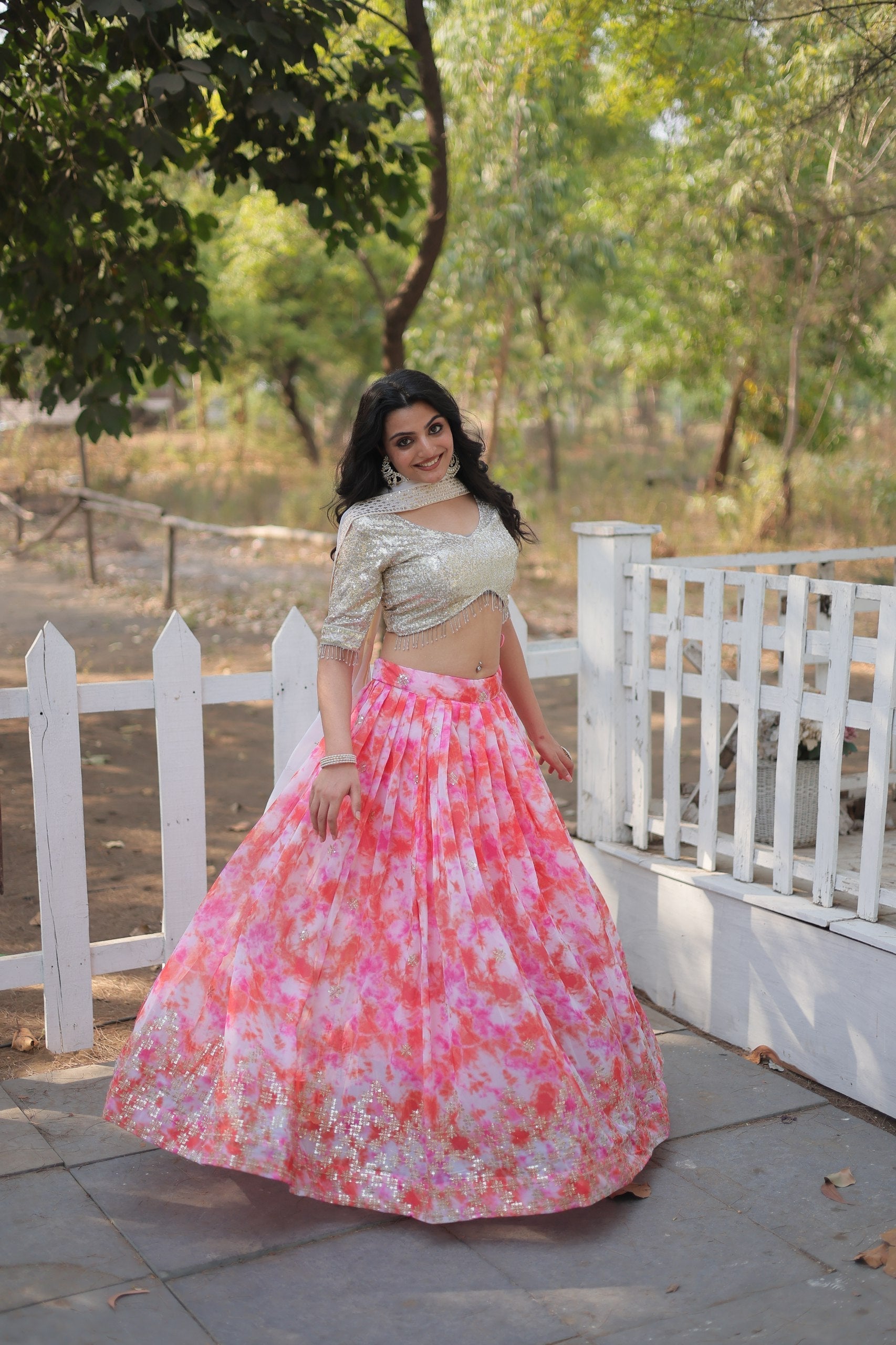 Spectacular Faux Georgette Floral Printed Sequins Embroidered Lehenga Choli - Ethnicwish