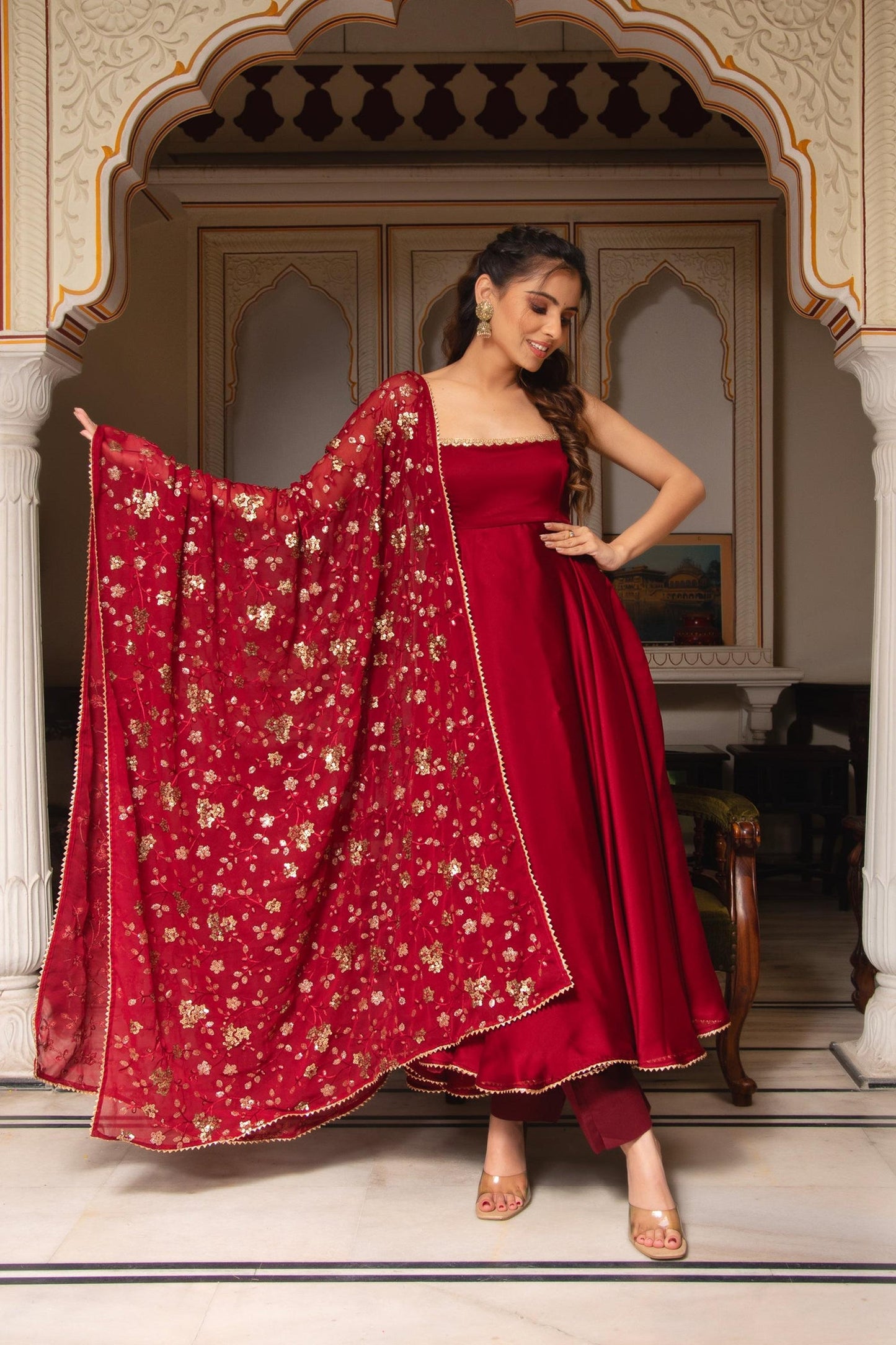 Maroon Sleeveless Anarkali Suit set