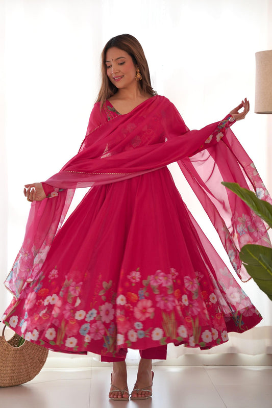 Beet Red Flower Print Organza Silk Anarkali Suit Set