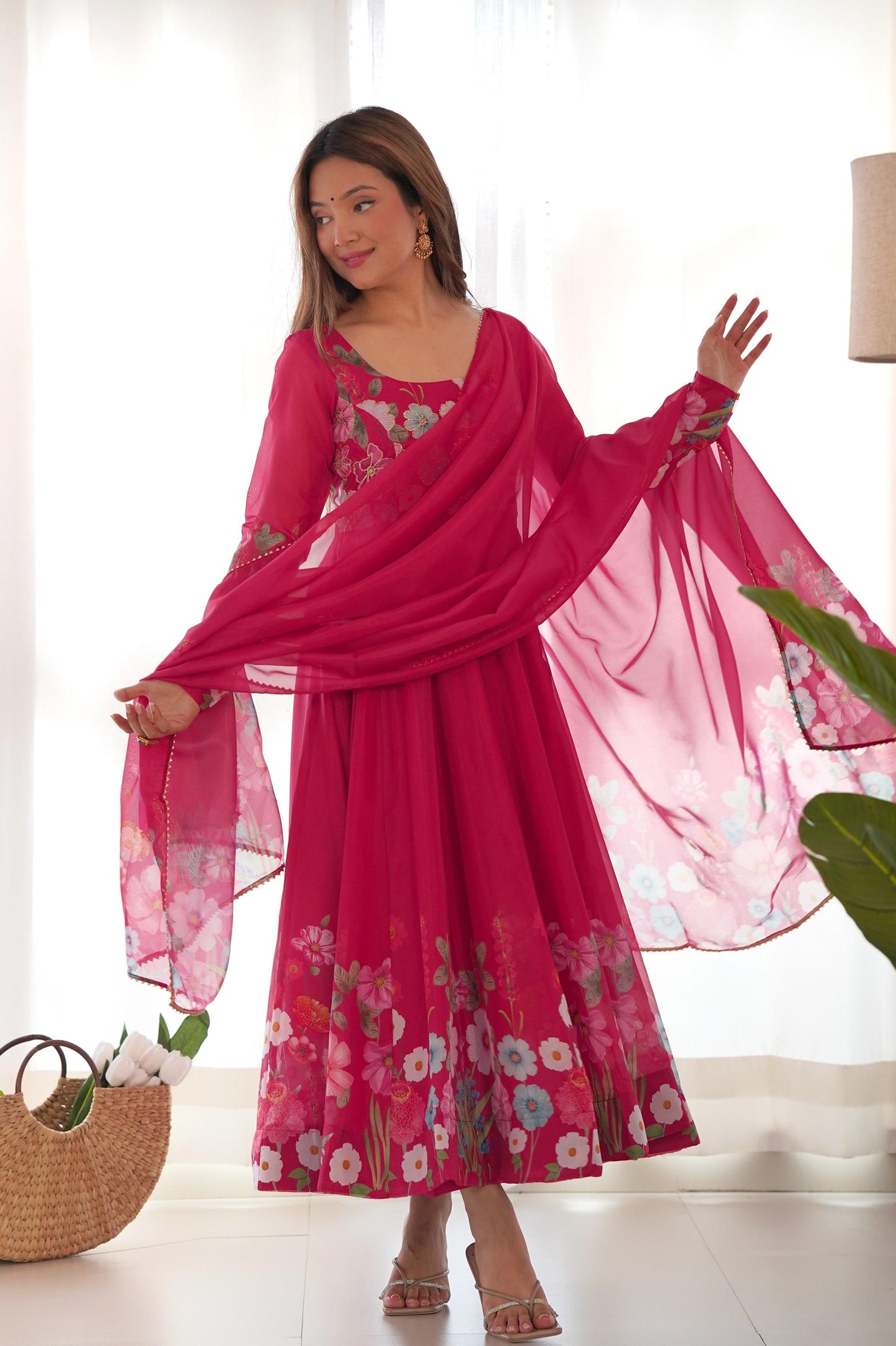 Beet Red Flower Print Organza Silk Anarkali Suit Set