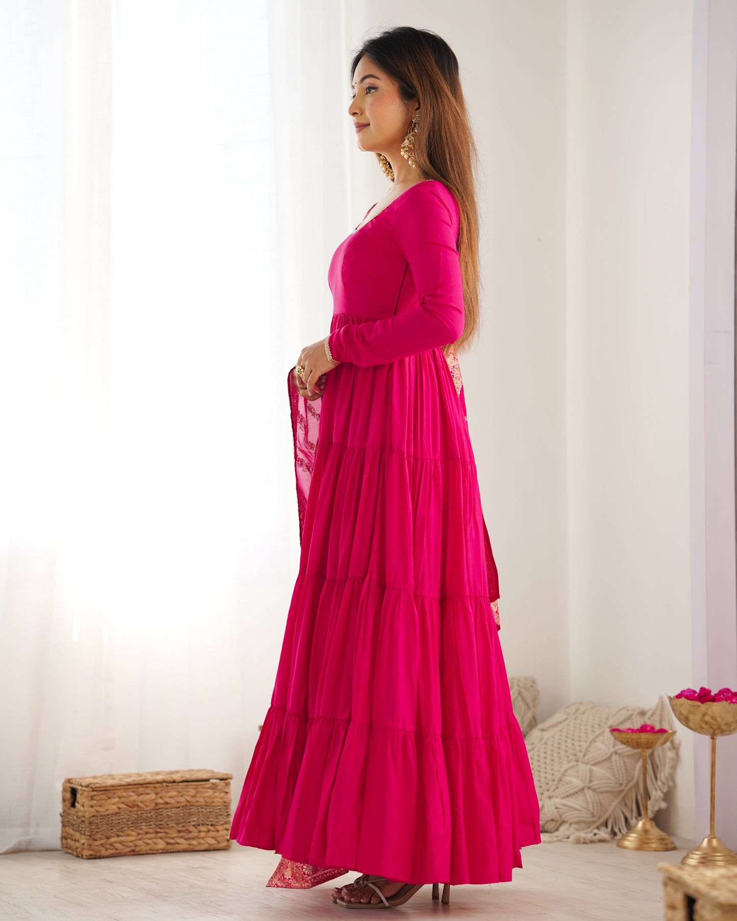 Elegant Pure Roman Silk 9 Mtr Flared Designer Anarkali Suit - Ethnicwish