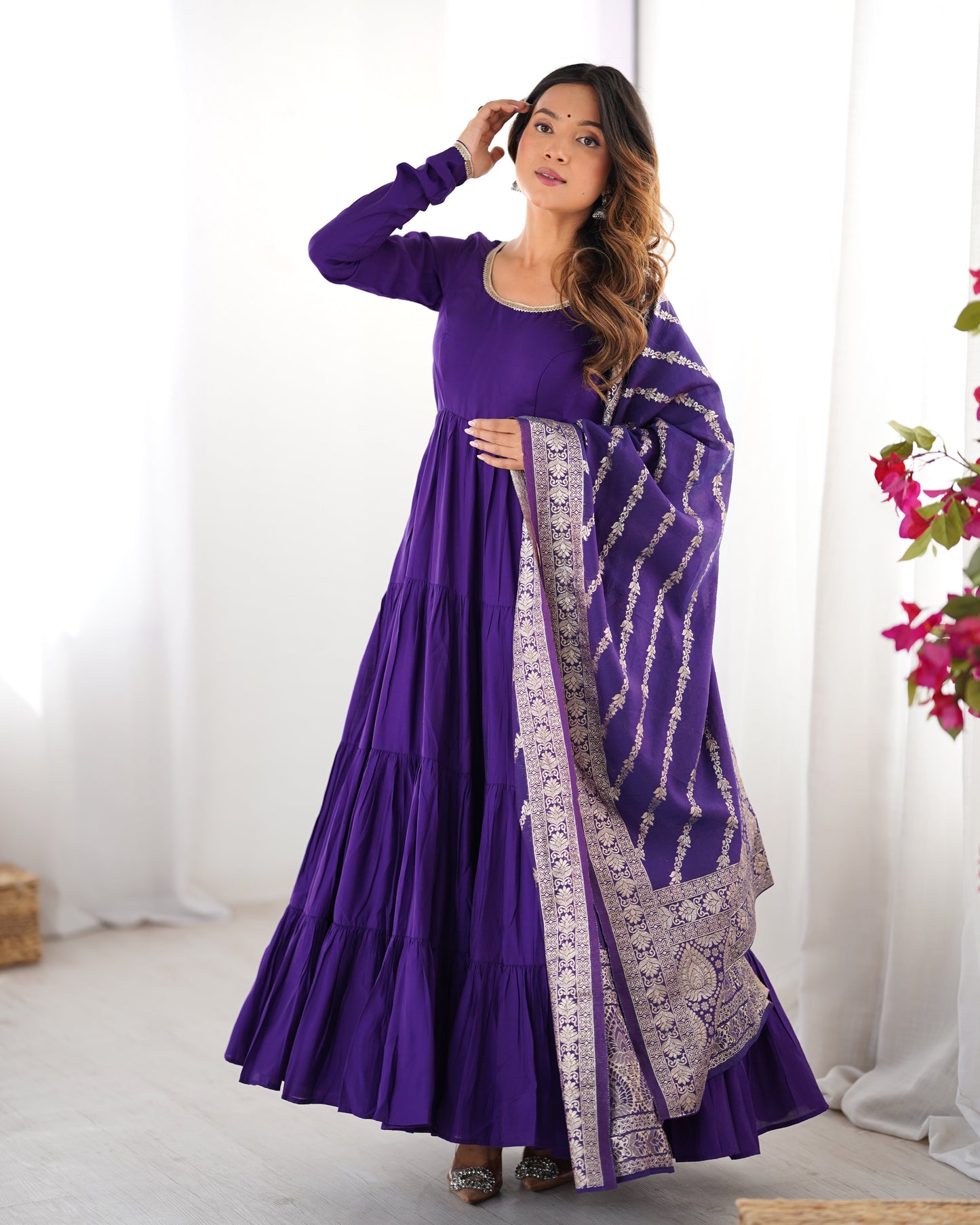 Elegant Pure Roman Silk 9 Mtr Flared Designer Anarkali Suit