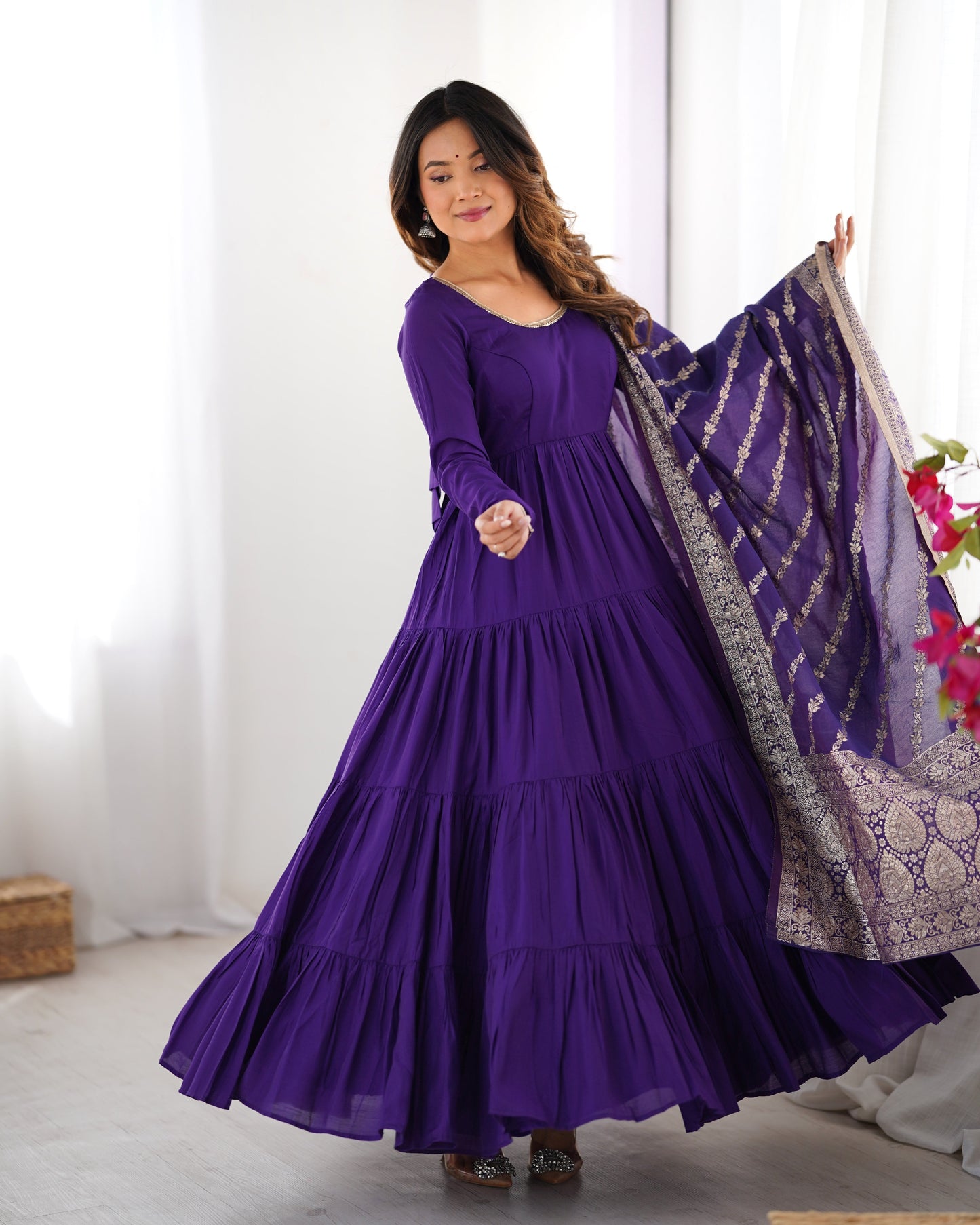 Elegant Pure Roman Silk 9 Mtr Flared Designer Anarkali Suit