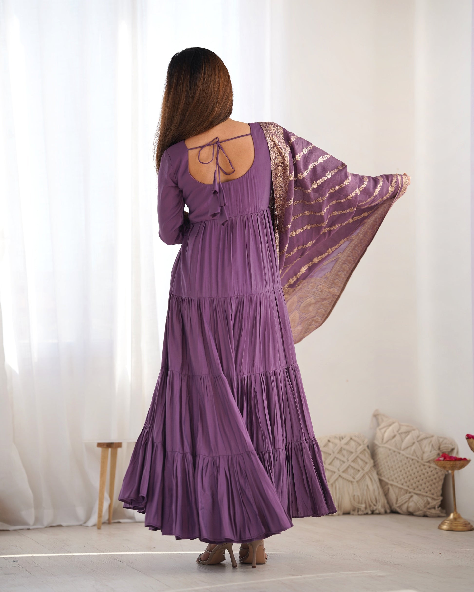 Elegant Pure Roman Silk 9 Mtr Flared Designer Anarkali Suit - Ethnicwish