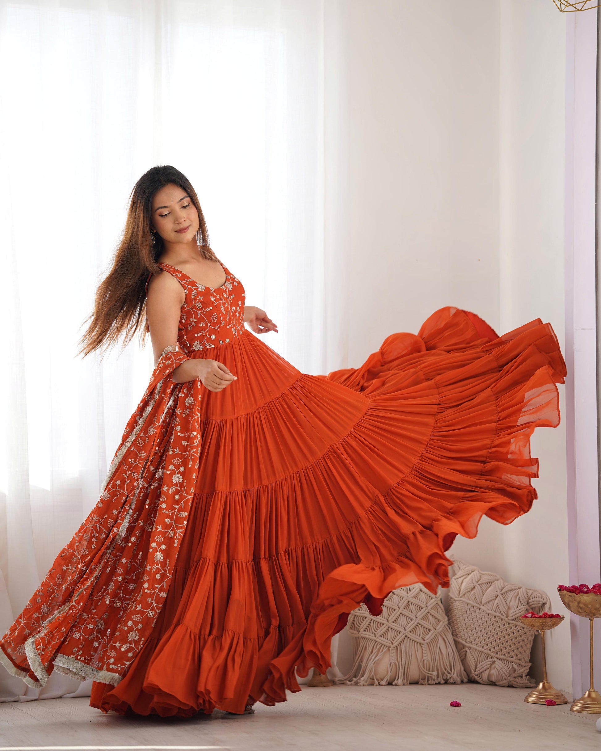 Regal Elegance in Every Twirl – Premium Rust Anarkali Set - INDIAN ELEGANCE