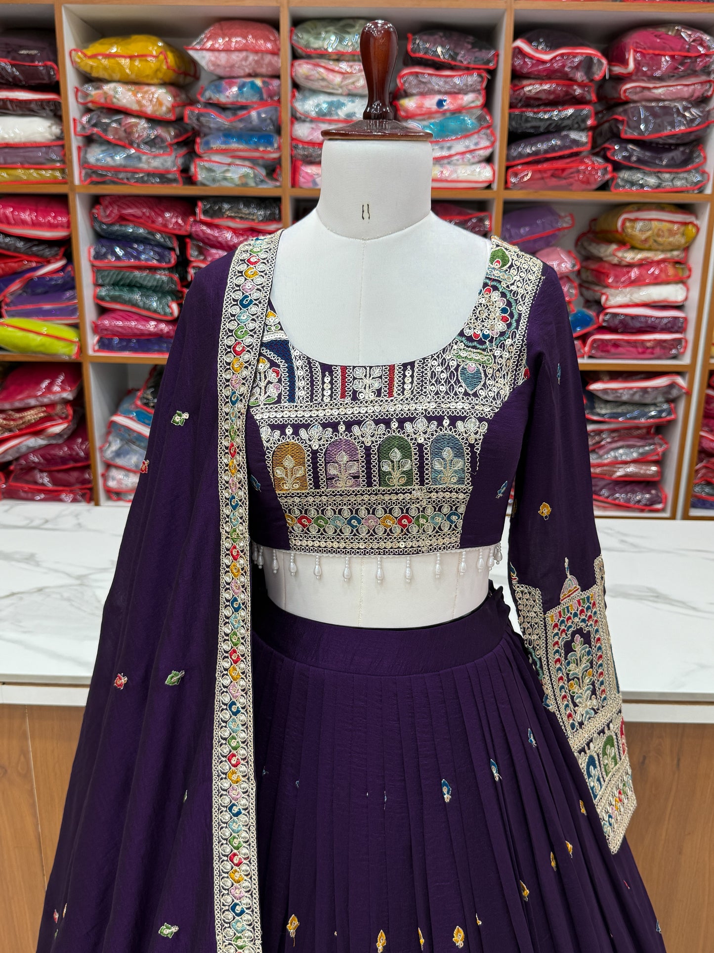 Premium Vichitra Silk Embroidered Lehenga Set – Fully Stitched & Ready to Wear