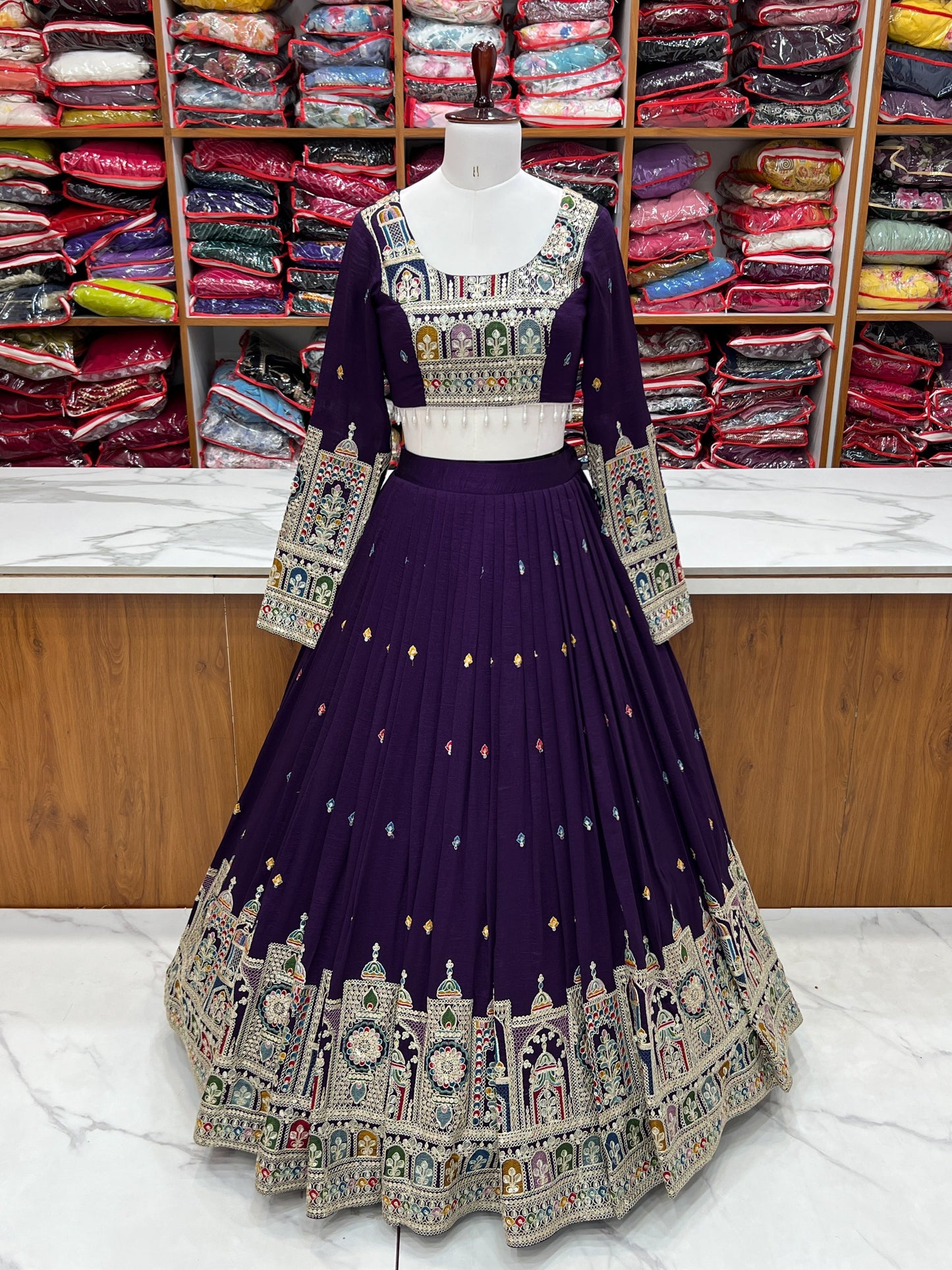 Premium Vichitra Silk Embroidered Lehenga Set – Fully Stitched & Ready to Wear