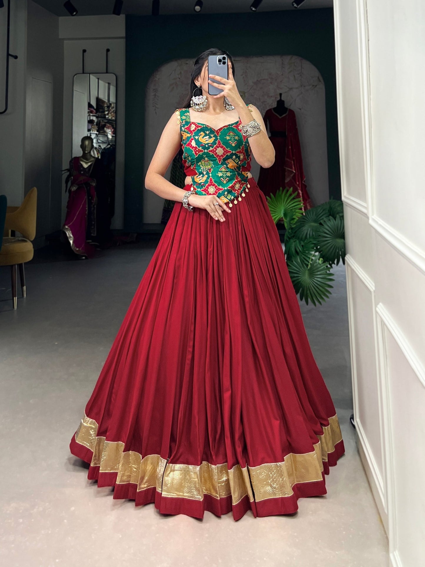 Maroon Pure Rayon Navratri Wear Fully Stitched Lehenga Choli Set