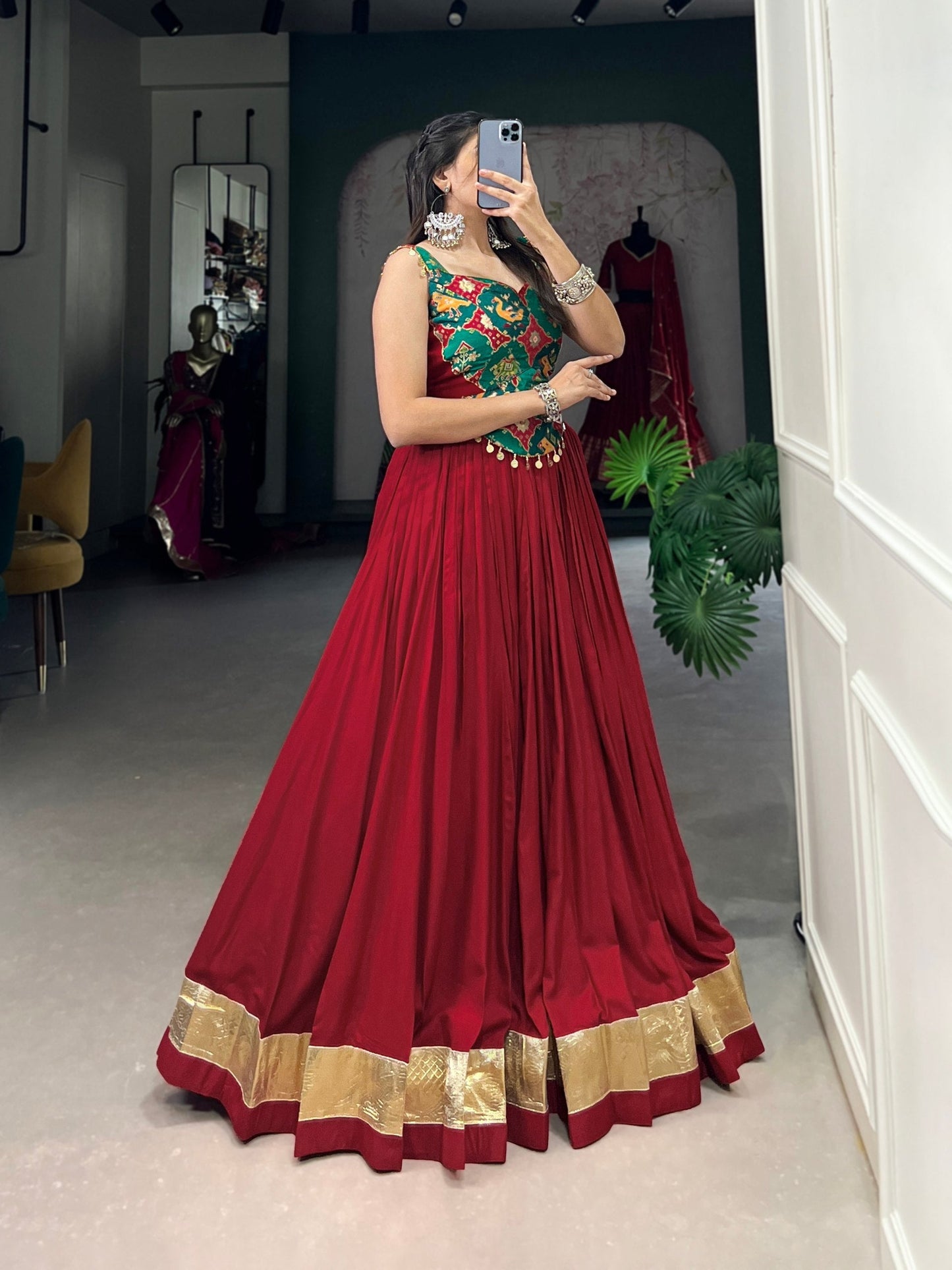 Maroon Pure Rayon Navratri Wear Fully Stitched Lehenga Choli Set