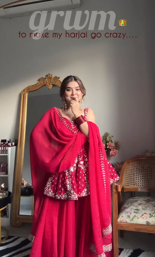 Pink Faux Blooming Sharara Set with Heavy Sequin & Zari Embroidered Kurti and Dupatta