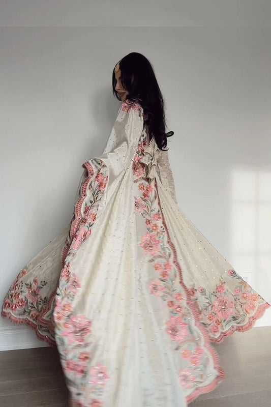 Off-White Vichitra Silk Gown Set
