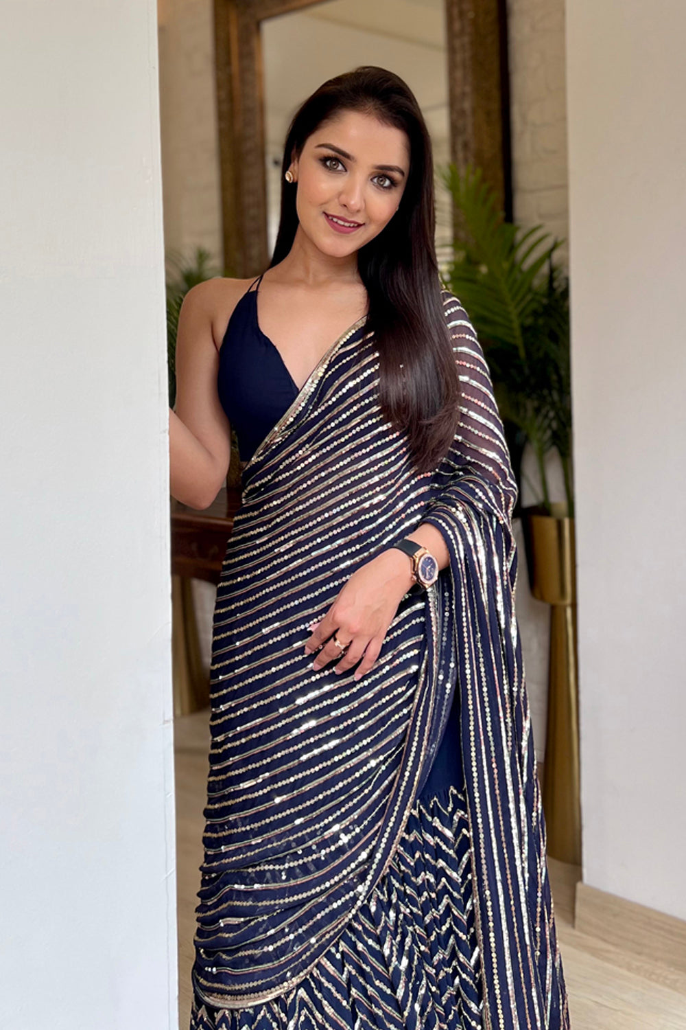 Wedding Wear Navy Blue Lehenga Saree For Women