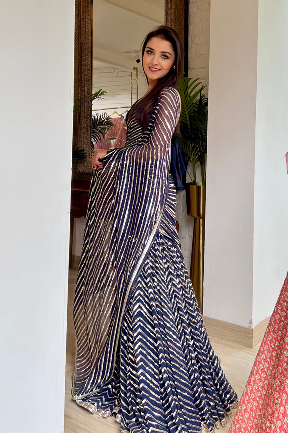 Wedding Wear Navy Blue Lehenga Saree For Women