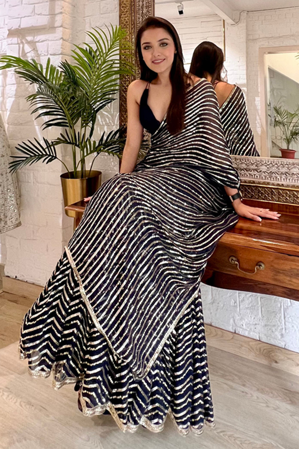 Wedding Wear Navy Blue Lehenga Saree For Women