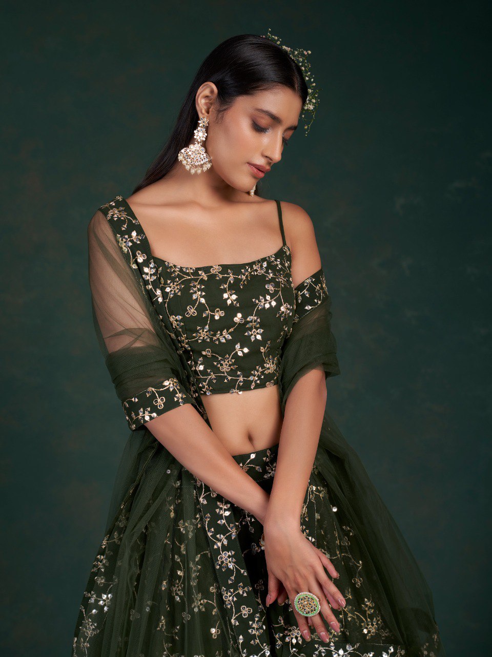 Mehendi Green Georgette Lehenga Set with 7mm Sequins & Zari Work