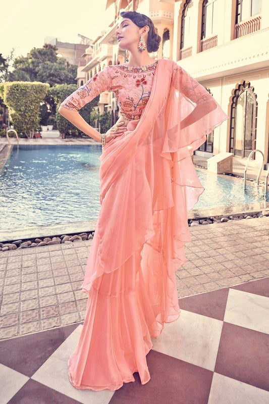 Graceful Peach Pink Organza Saree With Elegant Embroidery Work