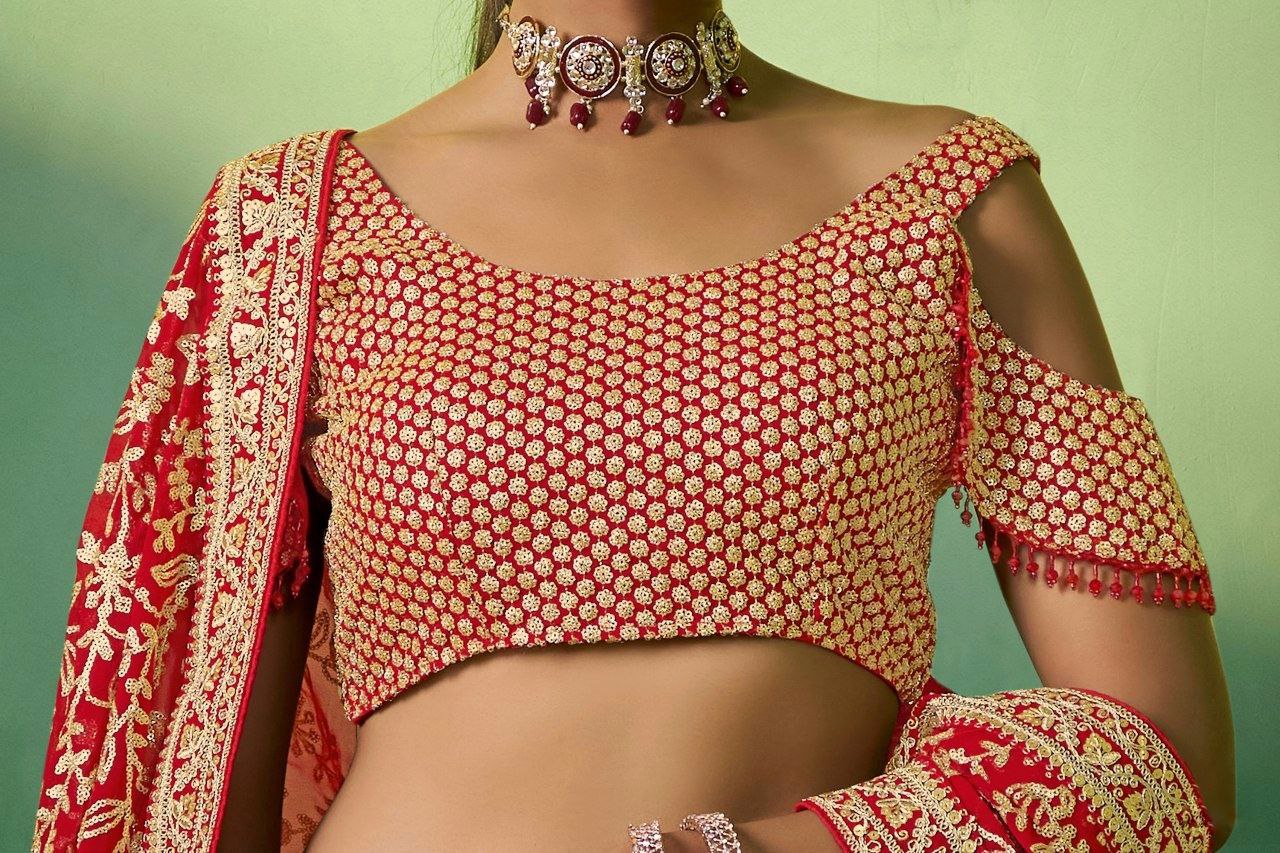 Radiant Red Georgette Embroidered Lehenga Set