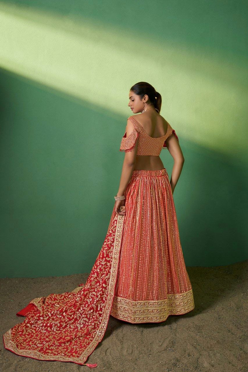 Radiant Red Georgette Embroidered Lehenga Set