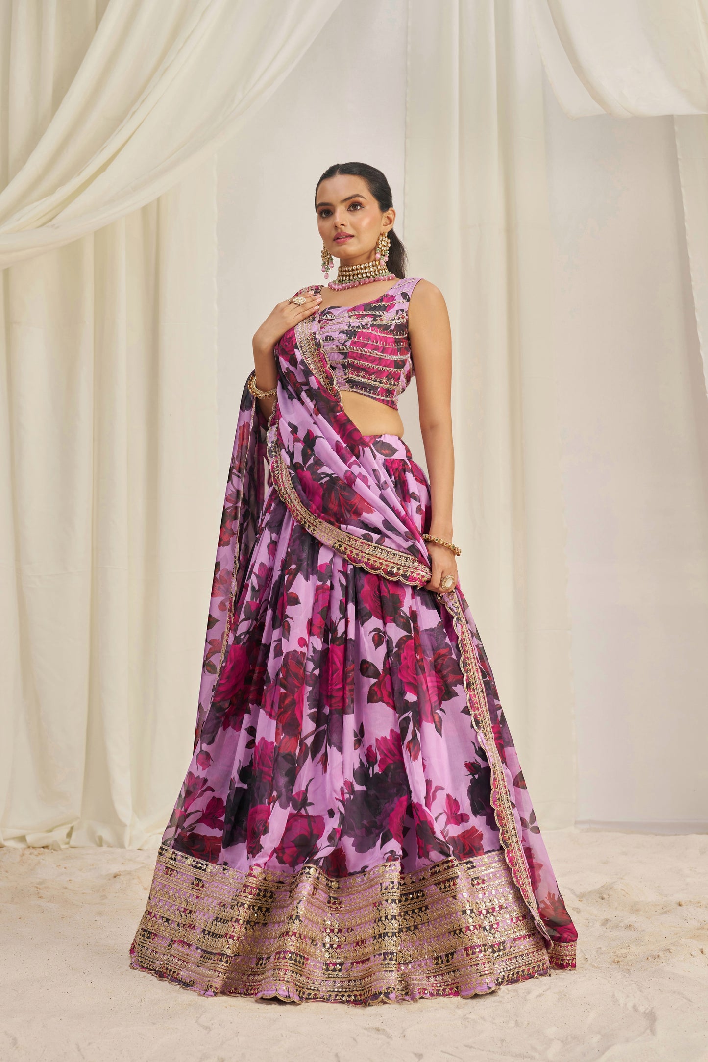 Stunning Floral Printed Sequins Embroidered Organza Lehenga Set