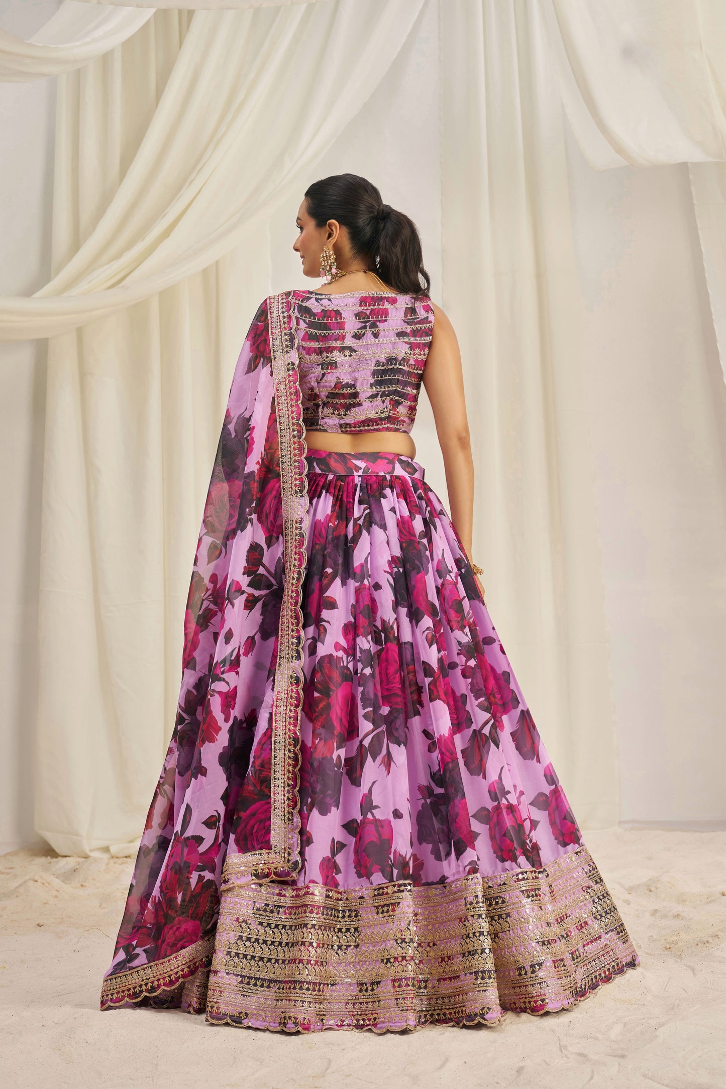 Stunning Floral Printed Sequins Embroidered Organza Lehenga Set