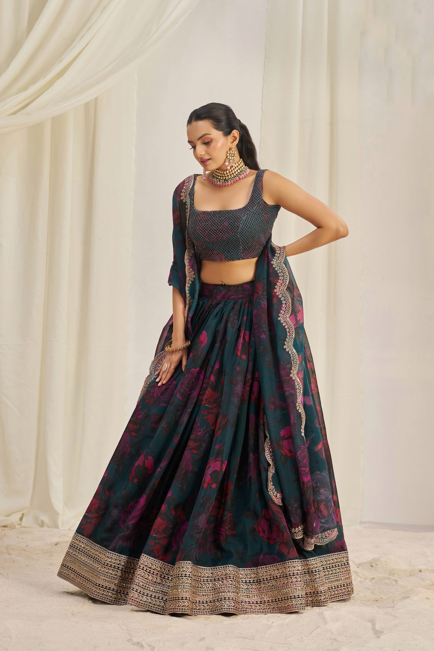 Stunning Floral Printed Sequins Embroidered Organza Lehenga Set
