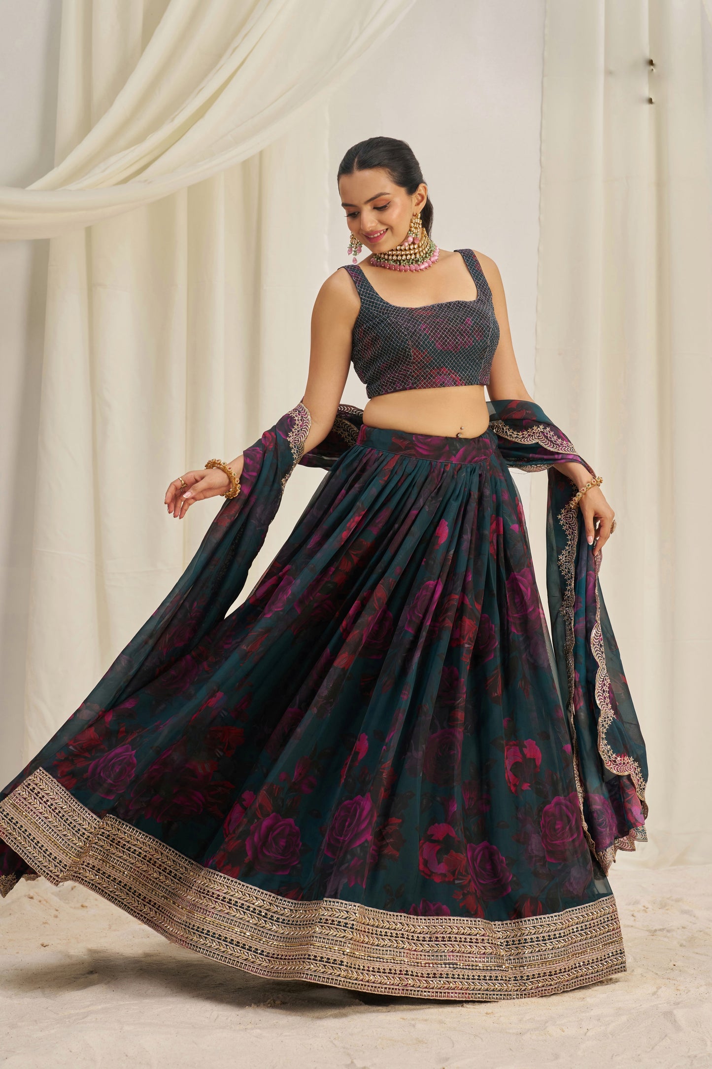 Stunning Floral Printed Sequins Embroidered Organza Lehenga Set