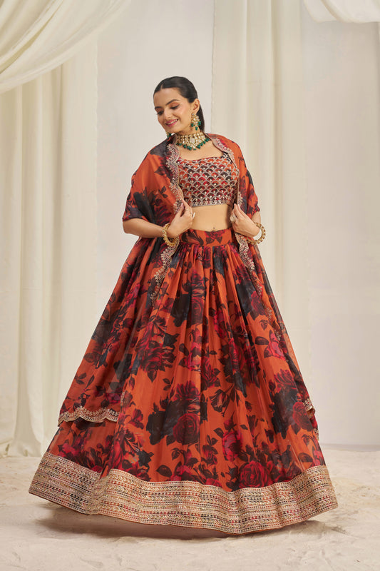 Stunning Floral Printed Sequins Embroidered Organza Lehenga Set