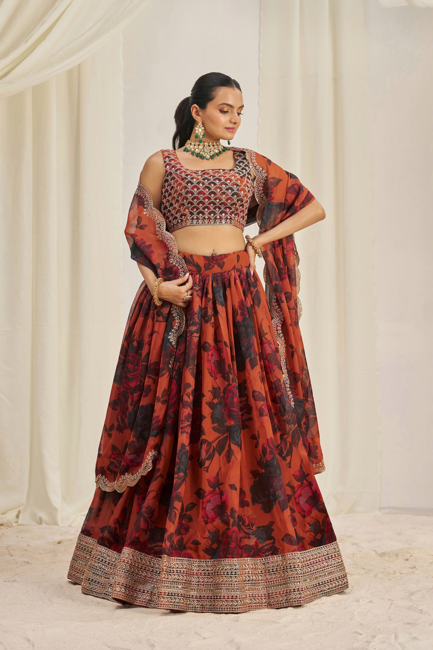 Stunning Floral Printed Sequins Embroidered Organza Lehenga Set