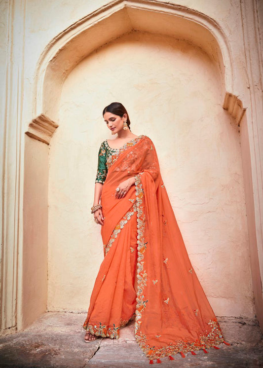 Orange color Organza Saree with Real Mirror & Zari Work