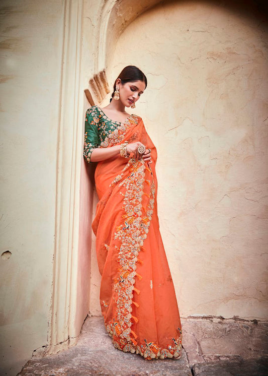 Orange color Organza Saree with Real Mirror & Zari Work